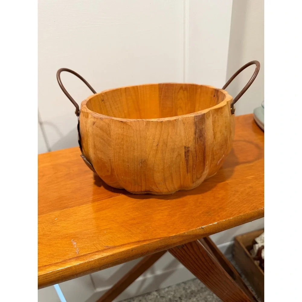 Rustic Carved Wooden Pumpkin Bowl Centerpiece with Metal Handles Fall Decor